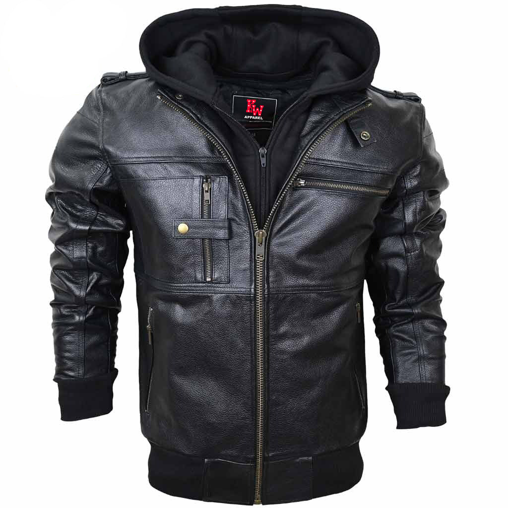 Leather Motorcycle Jacket with Hood Stinger Premium Cowhide Stylish