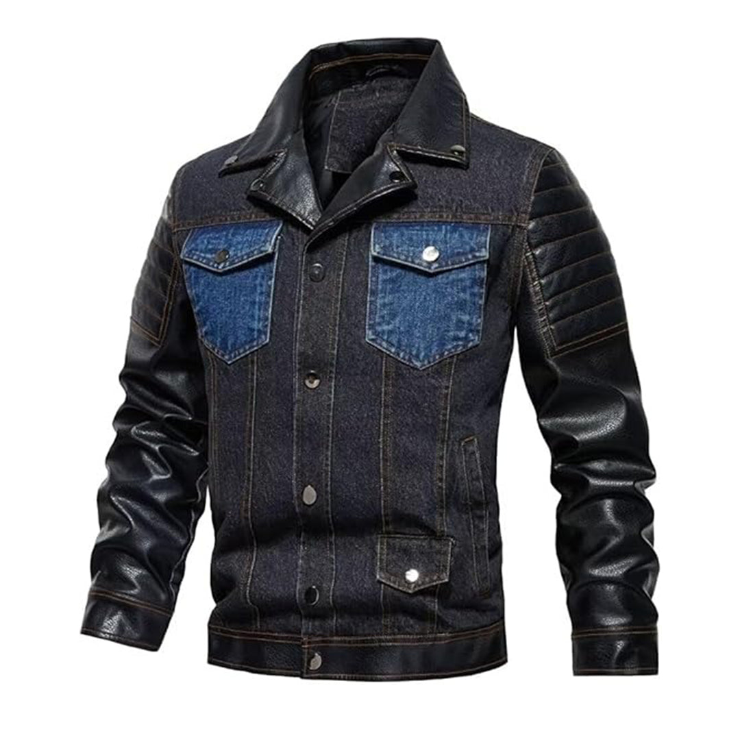 Men's Denim Jacket with PU Leather Patchwork – Trucker Biker Style | Kings Wear Apparel Kings Wear Apparel