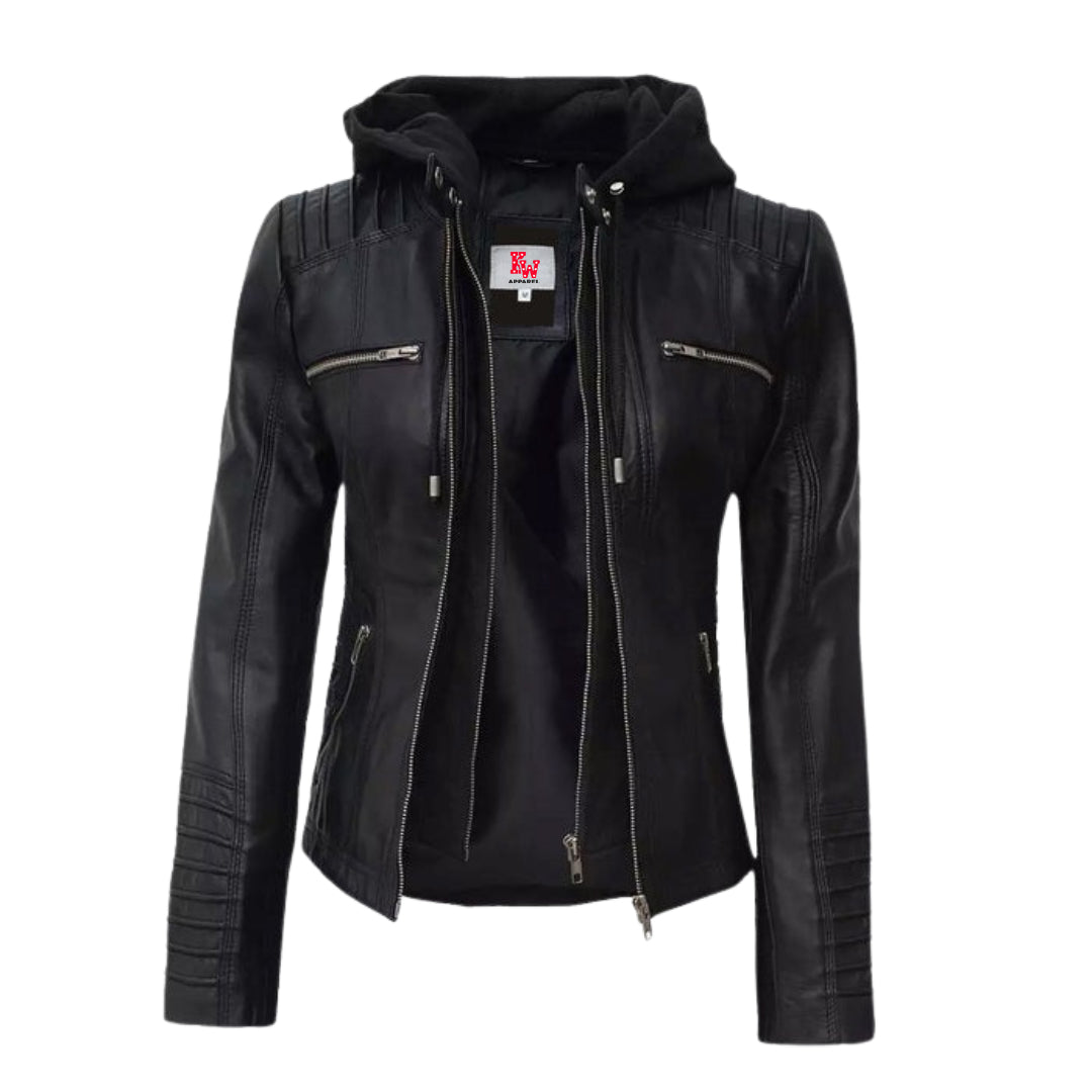 Helen Women's Black Leather Jacket with Removable Hood | Stylish & Versatile Outerwear Kings Wear Apparel