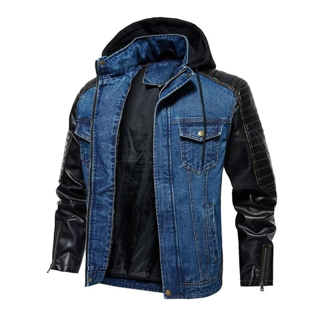 Men's Denim Jacket with PU Leather Patchwork – Trucker Biker Style | Kings Wear Apparel Kings Wear Apparel