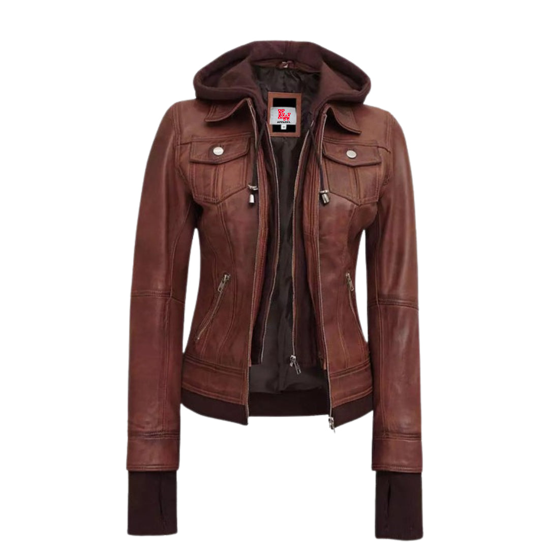 Tralee Women's Dark Brown Bomber Leather Jacket with Removable Hood | Premium Lambskin Kings Wear Apparel