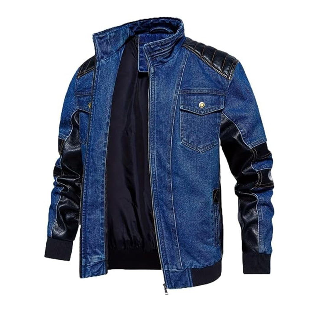 Men's PU Leather Patchwork Denim Jacket – Trucker Biker Style with Multi-Pockets | Kings Wear Apparel Kings Wear Apparel