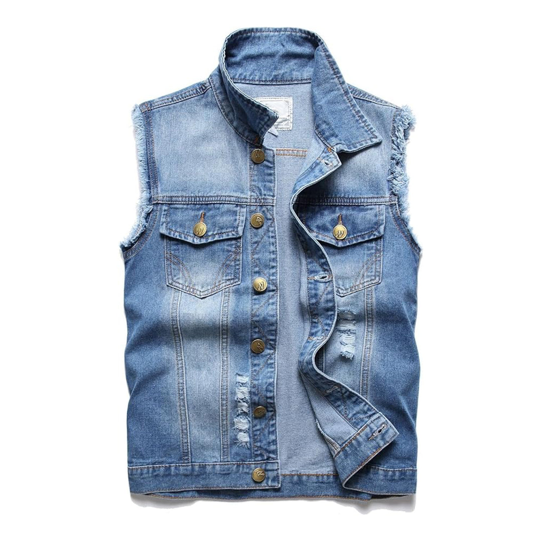 Men's Lapel Sleeveless Slim Fit Denim Vest - Retro Ripped Casual Jean Jacket | Kings Wear Apparel Kings Wear Apparel