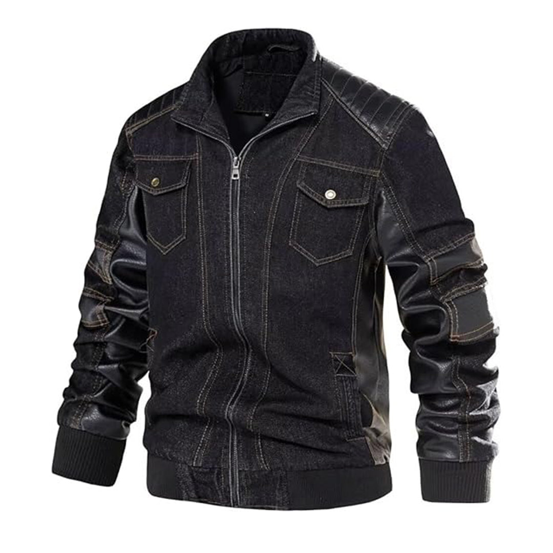 Men's Denim Jacket with PU Leather Patchwork – Trucker Biker Style & Multi-Pockets | Kings Wear Apparel Kings Wear Apparel