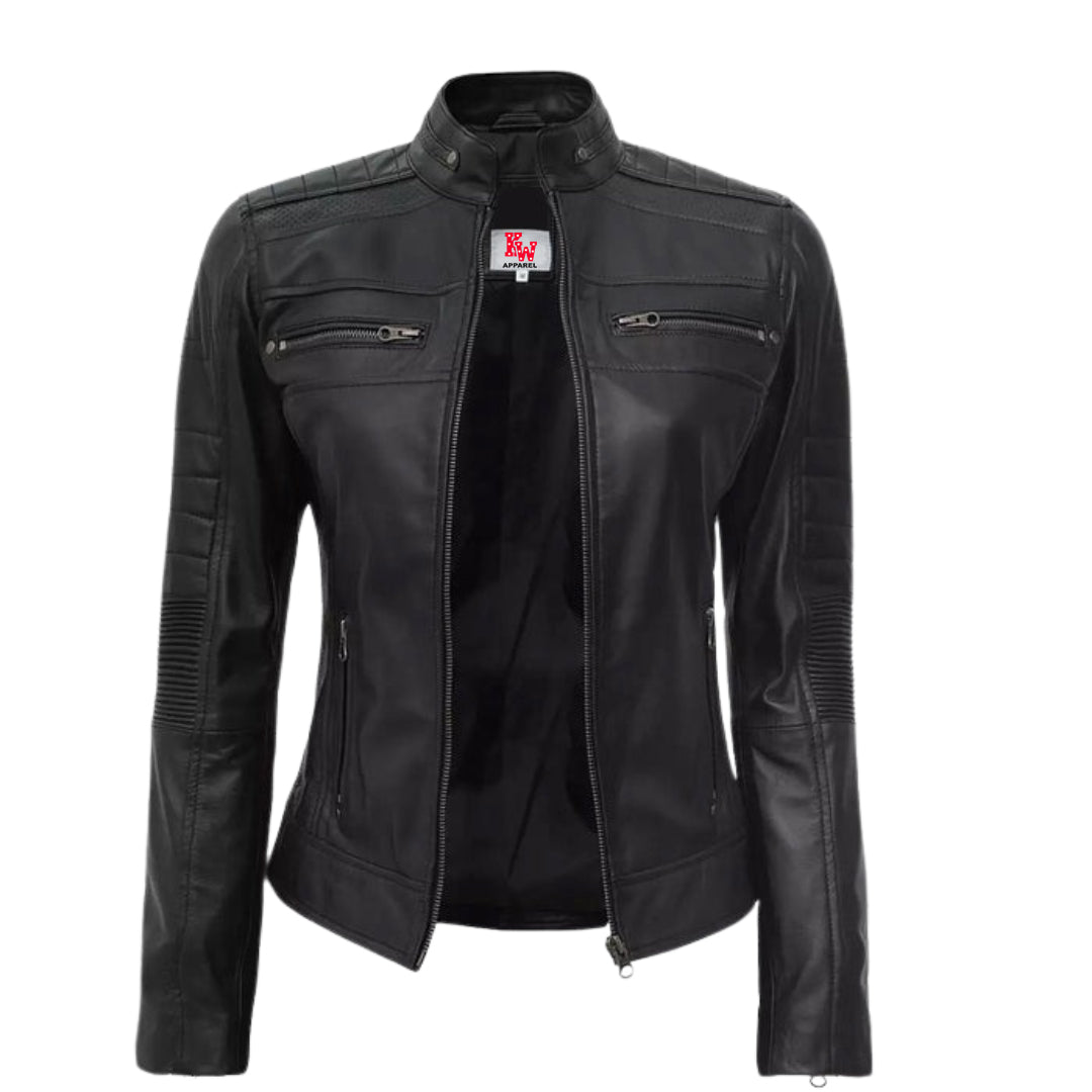 Women's Black Real Leather Cafe Racer Jacket - Stylish & Durable | [Kings Wear Apparel] Kings Wear Apparel