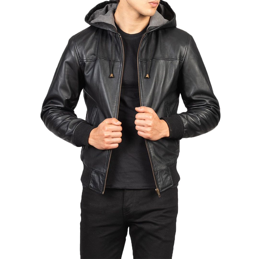 Men's Nintenzo Black Leather Bomber Jacket with Hood - Premium Quality & Comfort Kings Wear Apparel