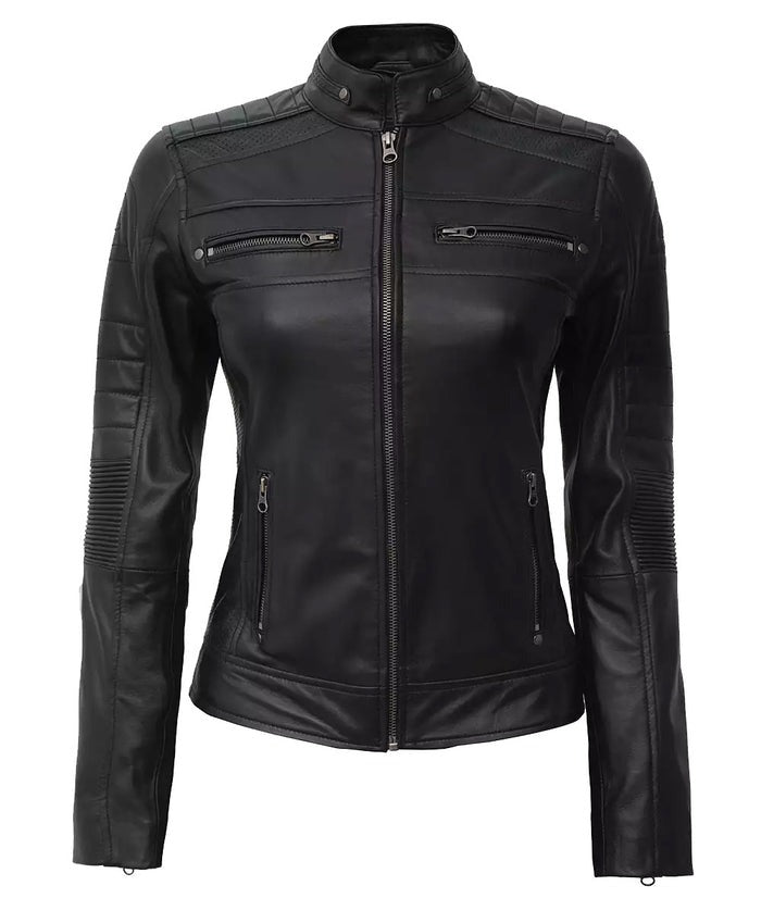 Women's Black Real Leather Cafe Racer Jacket - Stylish & Durable | [Kings Wear Apparel] Kings Wear Apparel