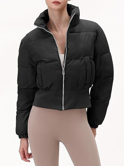 Women’s Cropped Puffer Jacket – Long Sleeve Quilted Winter Coat with Pockets Kings Wear Apparel