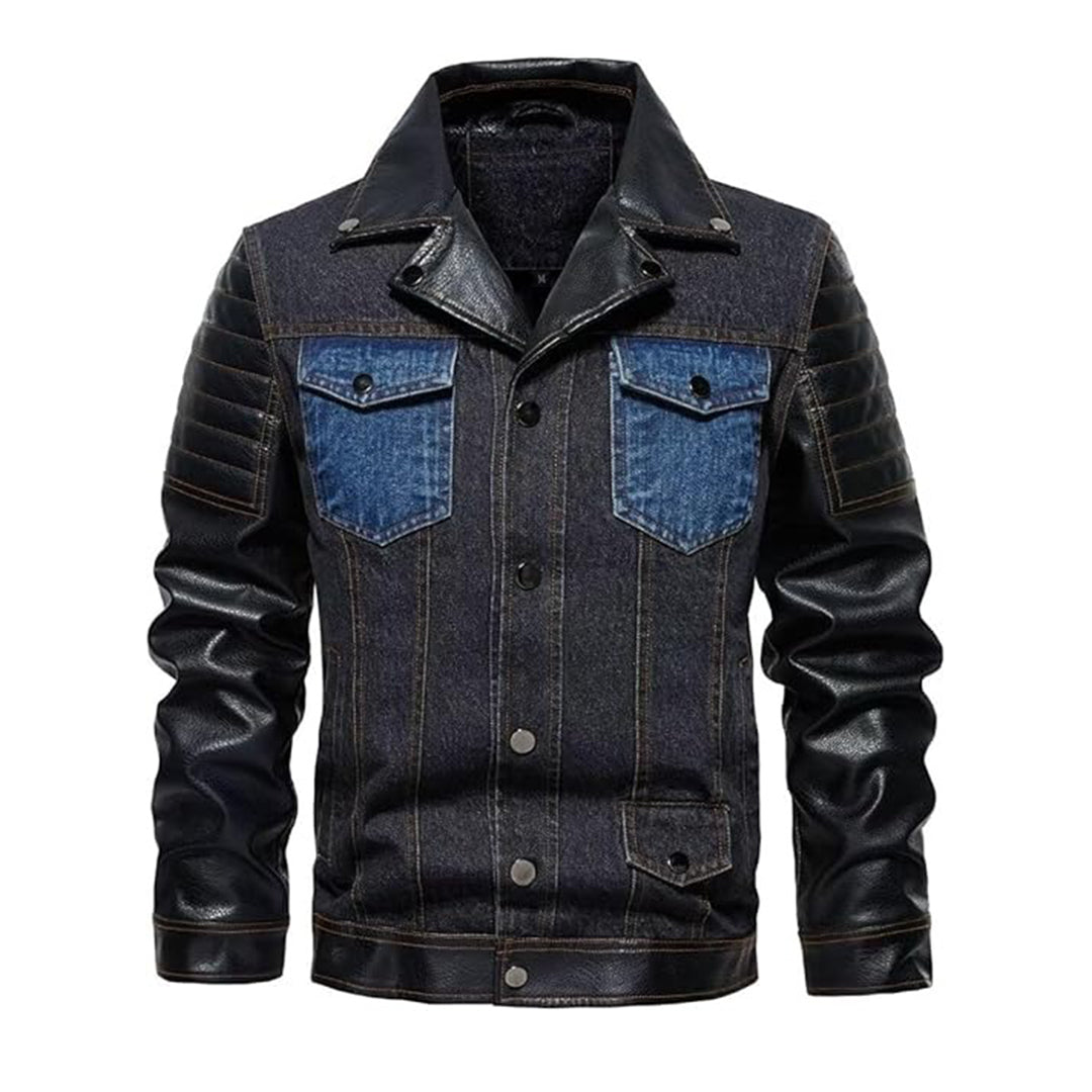 Men's Denim Jacket with PU Leather Patchwork – Trucker Biker Style | Kings Wear Apparel Kings Wear Apparel