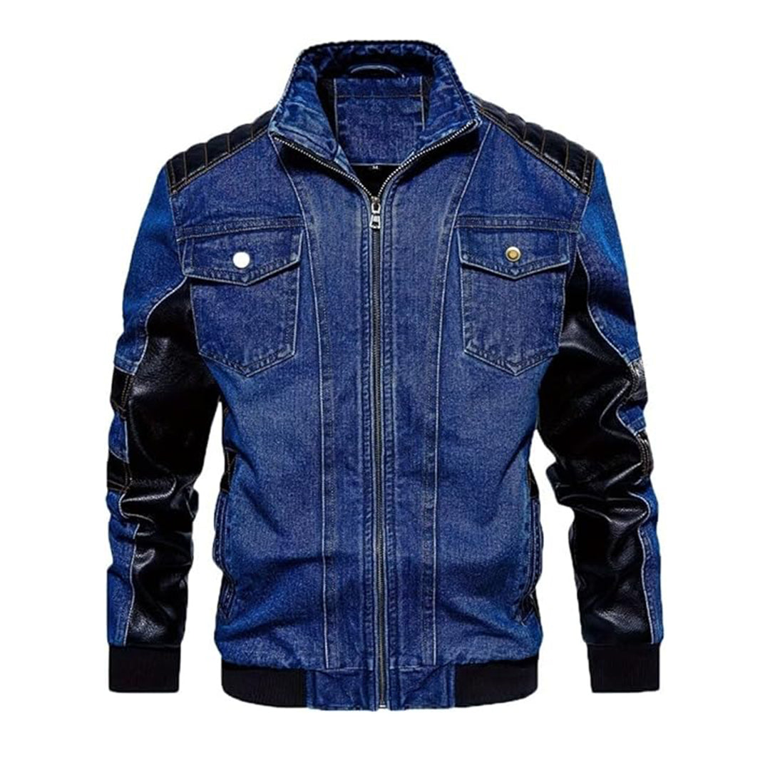 Men's PU Leather Patchwork Denim Jacket – Trucker Biker Style with Multi-Pockets | Kings Wear Apparel Kings Wear Apparel