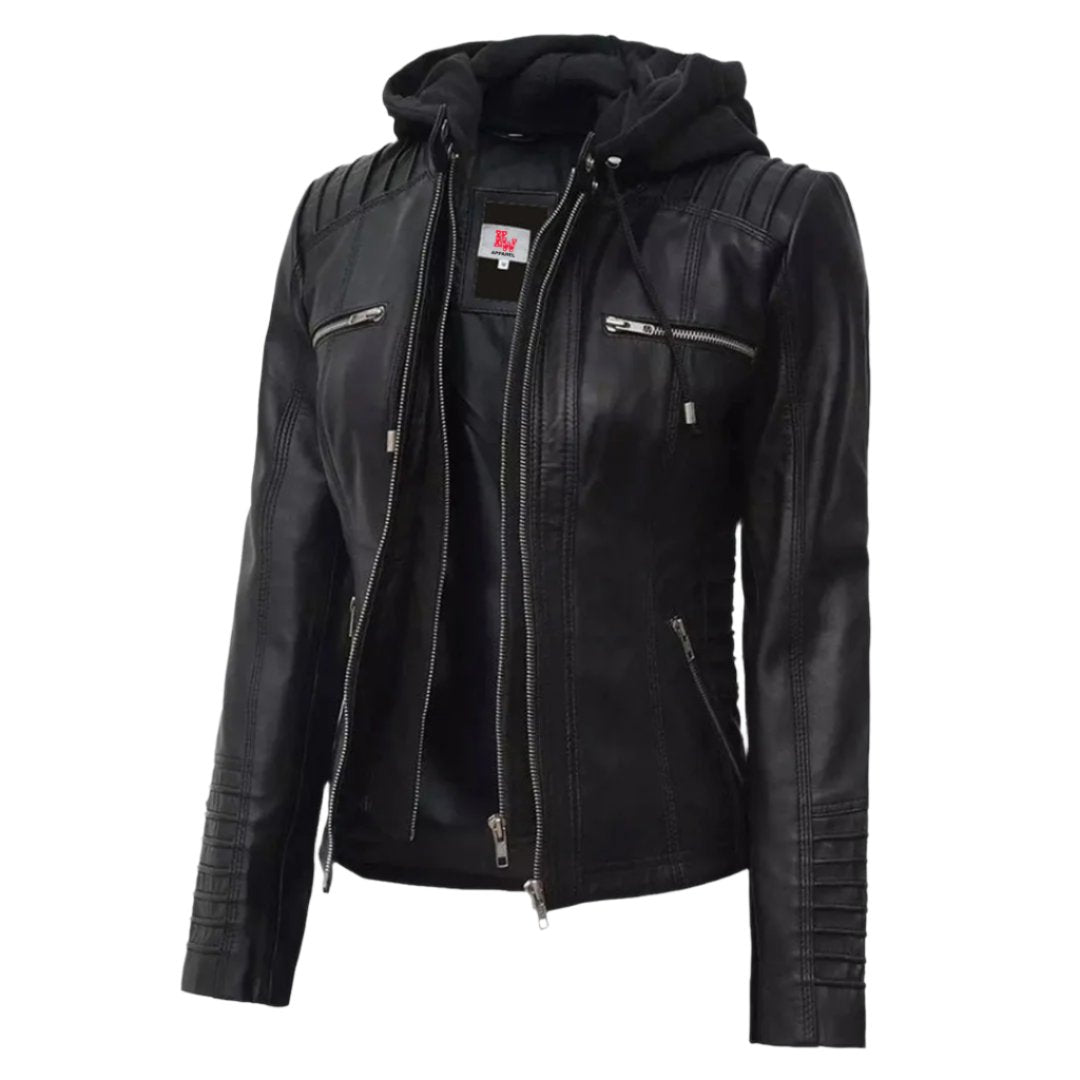 Helen Women's Black Leather Jacket with Removable Hood | Stylish & Versatile Outerwear Kings Wear Apparel