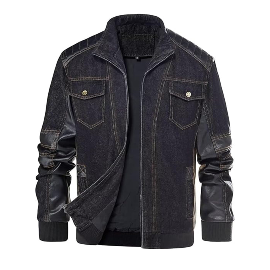 Men's Denim Jacket with PU Leather Patchwork – Trucker Biker Style & Multi-Pockets | Kings Wear Apparel Kings Wear Apparel