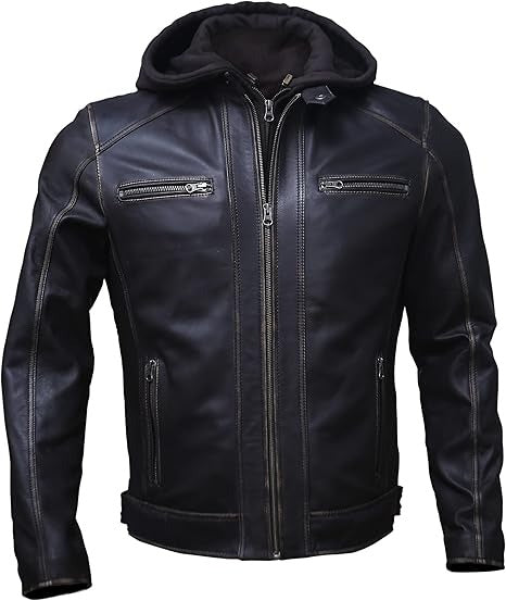 Men's Genuine Lambskin Leather Motorcycle Jacket with Removable Hood – Black & Brown | Kings Wear Apparel Kings Wear Apparel