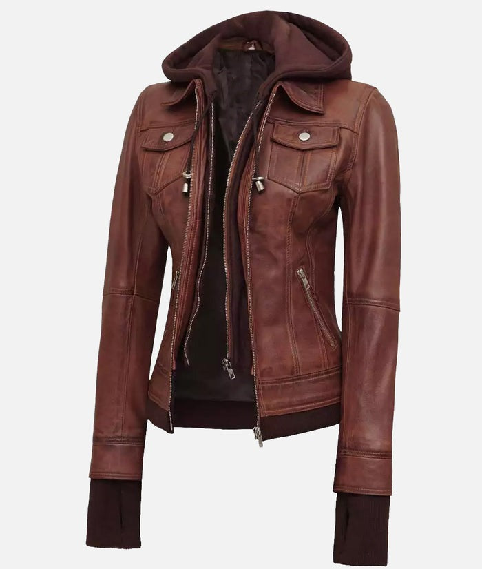 Tralee Women's Dark Brown Bomber Leather Jacket with Removable Hood | Premium Lambskin Kings Wear Apparel