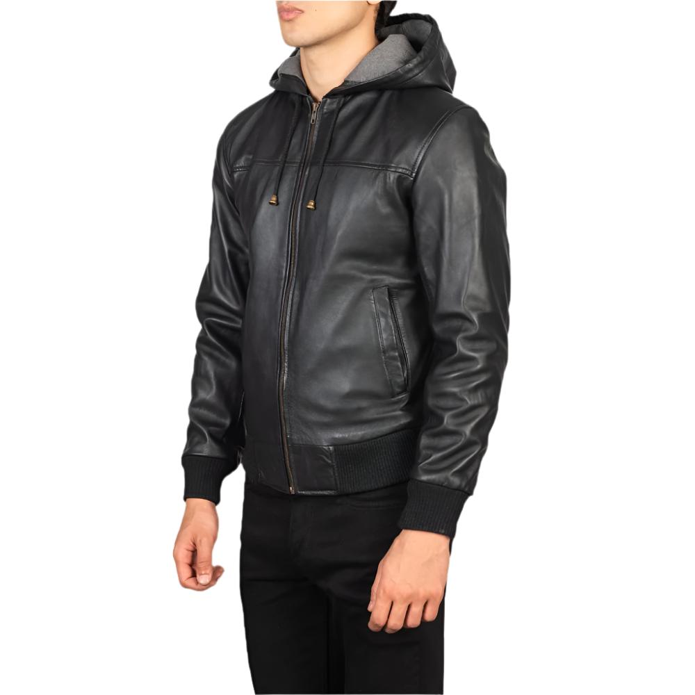 Men's Nintenzo Black Leather Bomber Jacket with Hood - Premium Quality & Comfort Kings Wear Apparel