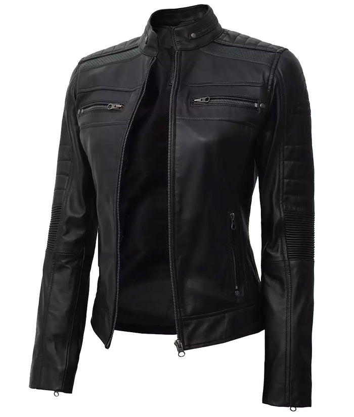 Women's Black Real Leather Cafe Racer Jacket - Stylish & Durable | [Kings Wear Apparel] Kings Wear Apparel