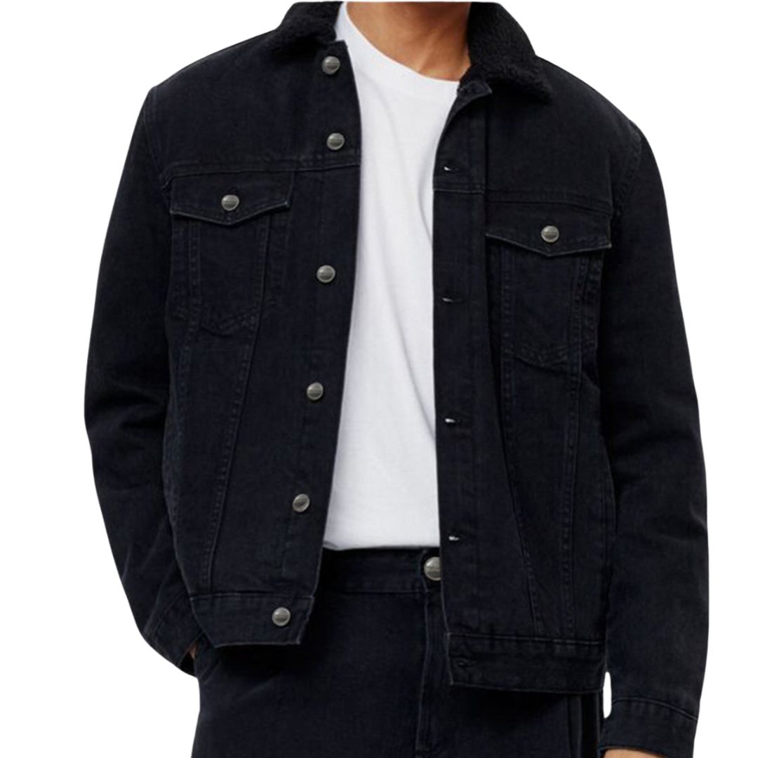 Black Denim Jacket with Black Sherpa Lining – Sleek & Warm Urban Style Kings Wear Apparel