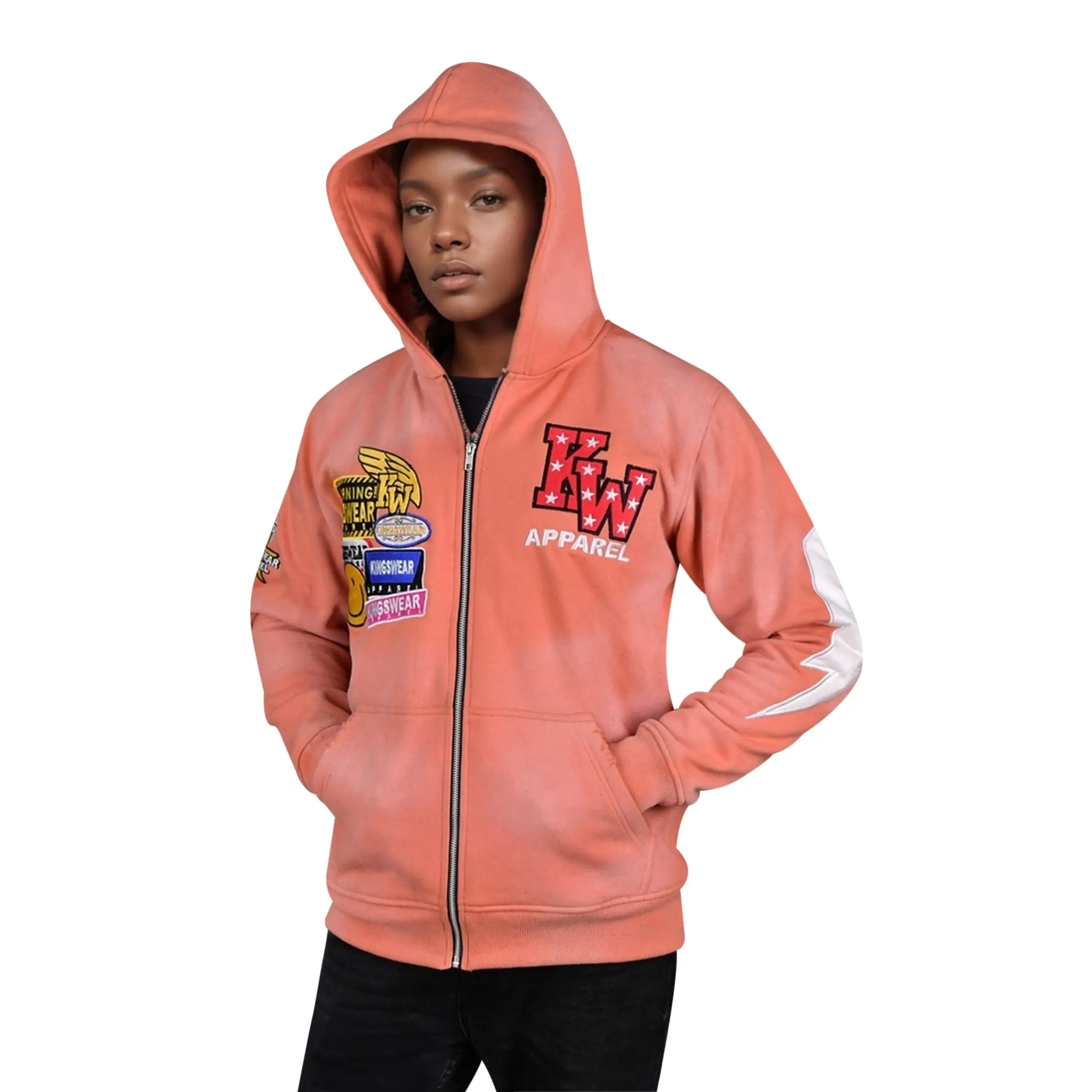 Kings Wear Unisex Fleece Hoodie Pink Pullover with Embroidered Patches Distressed Streetwear Clothing Kings Wear Apparel