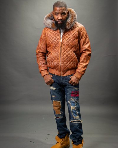 Men's Lucas Quilted Leather Bomber Jacket Hood [Caramel Crunch]