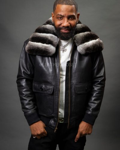 Men's Leather Pilot Aviator Bomber Jacket With Chinchilla Collar [Black]