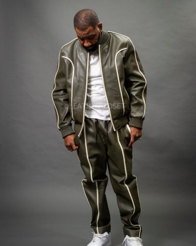 Men's Brayden Leather Track Suit Sweatsuit [Olive/Beige]