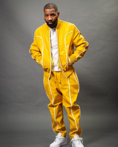 Men's Brayden Leather Track Suit Sweatsuit [Yellow/White]