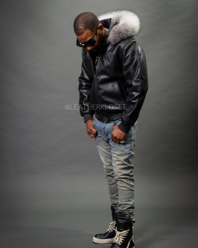Men's Classic Baseball Jacket With Fox Hood [Black/Silver Fox]