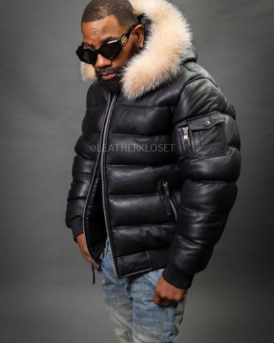 Men's Aspen Leather Bubble Bomber Jacket [Black/Crystal]