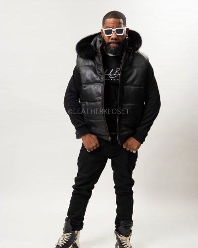 Men's Leather Bubble Vest With Premium Fox Fur Hood