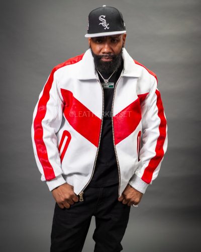 Men's V-Baseball Bomber Pony Leather Jacket [White/Red]