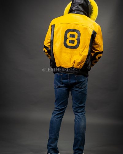 Men's 8 Ball Leather Jacket With Fox Hood [Black/Yellow]
