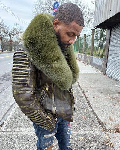 Men's Trey Biker Leather Full Fox Fur Collar [Distressed Green]