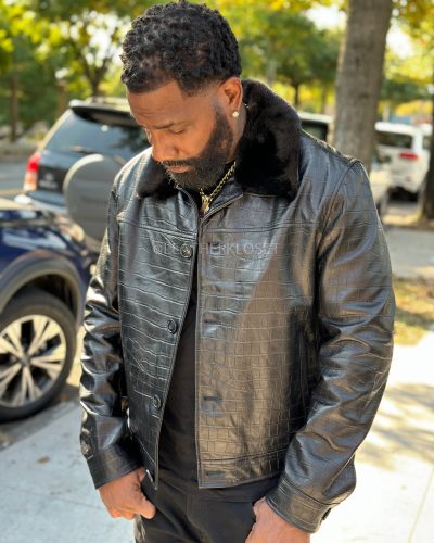 Men's Teddy Croco Stamped Leather Jacket [Black]