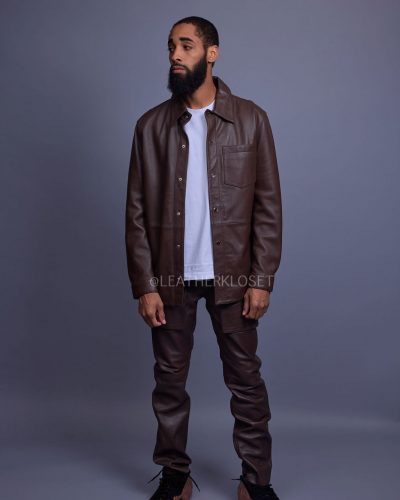 Men's Luka Leather Shirt And Cargo Pants Set [Chocolate Brown]
