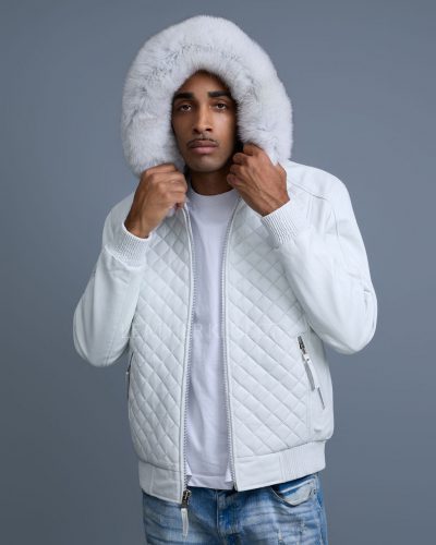 Men's Lucas Quilted Leather Bomber Jacket Hood [White]