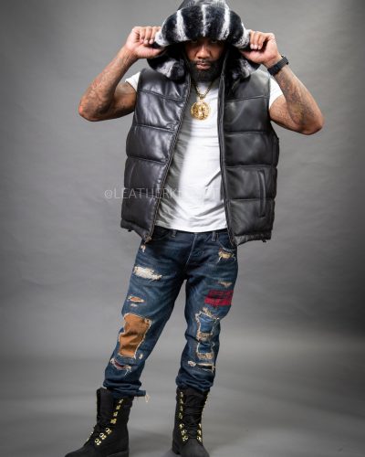 Men's Leather Bubble Vest With Premium Rex Fur Hood