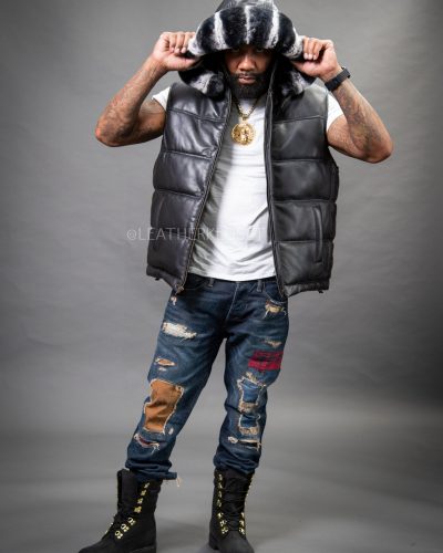 Men's Leather Bubble Vest With Premium Rex Fur Hood